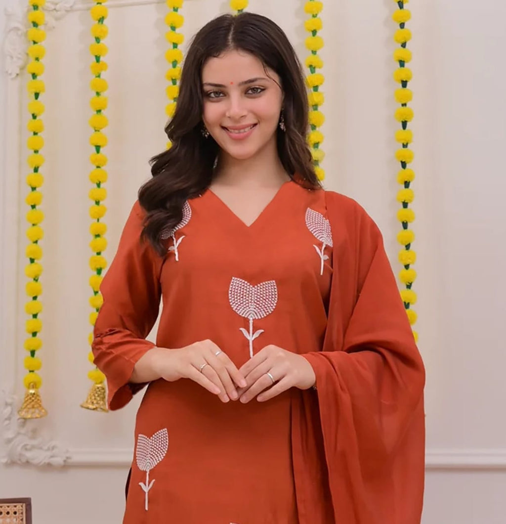 Women Latest Premium Orange Kurta Pent Dupatta Set