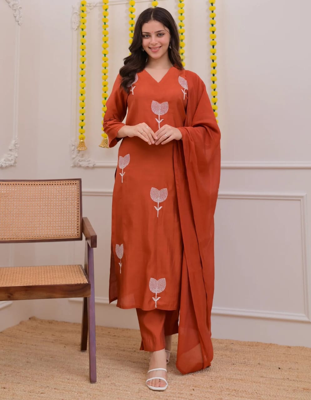 Women Latest Premium Orange Kurta Pent Dupatta Set