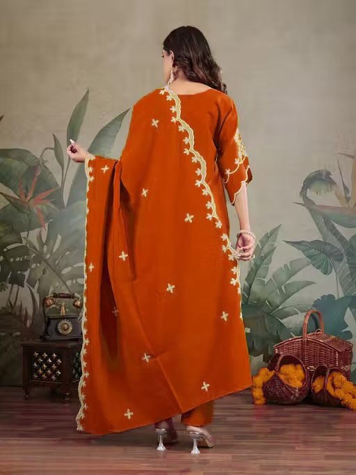 Fully Stitched Kurta and Pant &amp; Dupatta Set-Orange