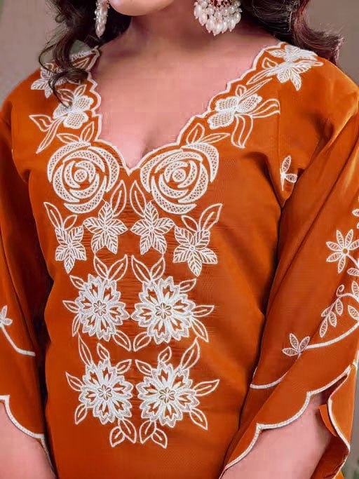 Fully Stitched Kurta and Pant &amp; Dupatta Set-Orange