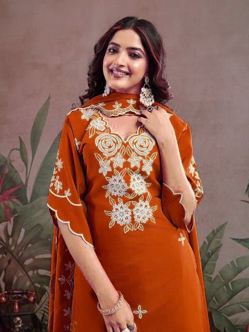 Fully Stitched Kurta and Pant &amp; Dupatta Set-Orange
