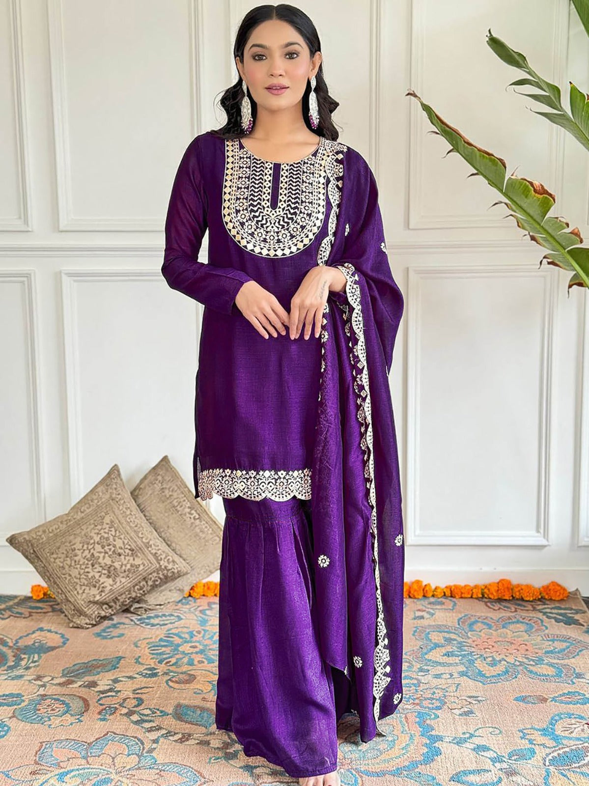 New Embroidered Work Women Chinon Sharara Dupatta Set